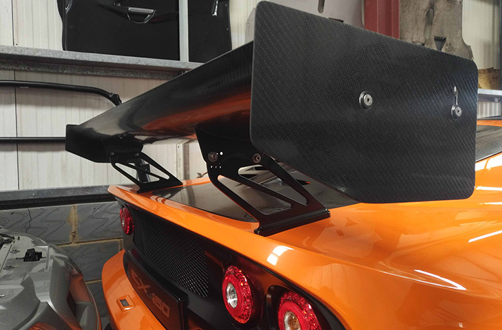 Lotus Exige S3 V6 High-Downforce Full Race Carbon Rear Wing Kit - 310mm Chord, Adjustable Clam Mounted - R01SB0472