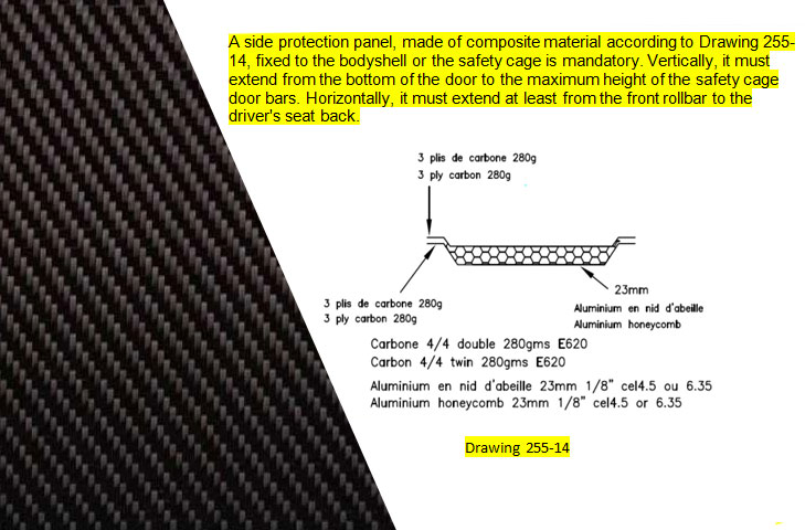 Carbon 280gsm Fire Retardent 3 ply with 23mm  Honeycomb Core FIA 255-14 Roll Cage Door Bar Impact Protection Panel Sheet 500x1240mm - R01SU0303